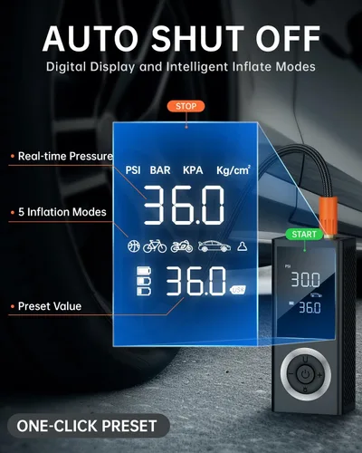 Miniatura 4 de Inflador de neumáticos inalámbrico, compresor de aire portátil, bomba de aire inteligente para neumáticos de automóvil con medidor de presión