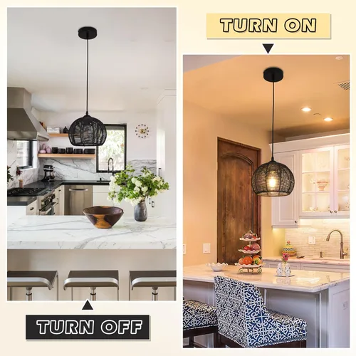 Miniatura 6 de Ayshwill Dec Lámpara de araña negra tejida estilo boho de ratán y mimbre con cúpula, lámpara colgante para comedor, dormitorio, isla de cocina