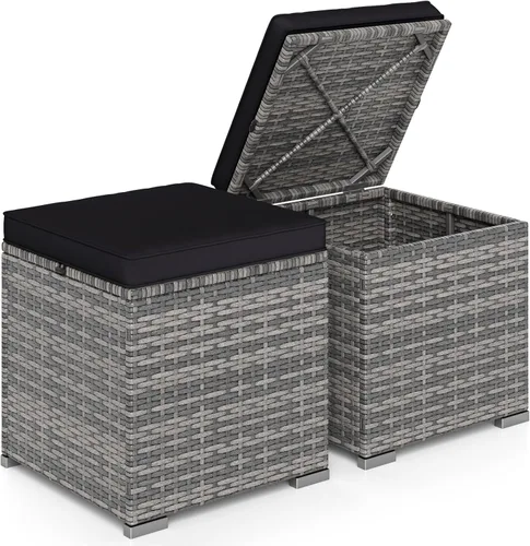 Miniatura 10 de RELAX4LIFE Otomana de mimbre para almacenamiento al aire libre, reposapiés de ratán de 2 piezas con cojín extraíble, reposapiés multiusos, mesa Rojo