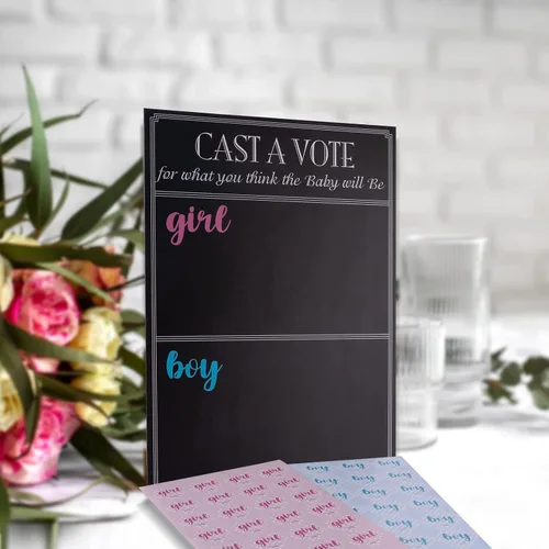 Miniatura 5 de Juego de mesa para revelar el género del bebé con 144 calcomanías de voto para niña o niño, cartel de voto con soporte, diseño de pizarra