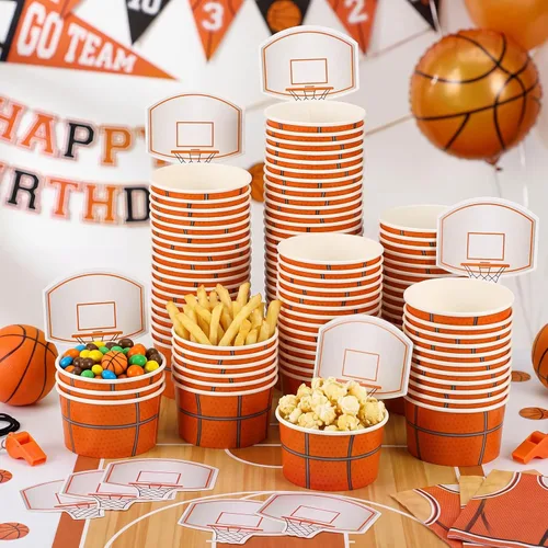 Miniatura 7 de Sunnyray 24 juegos de tazas de baloncesto con tarjetas, 8 onzas, desechables, de papel, para fiestas, pelotas deportivas, cuencos de comida