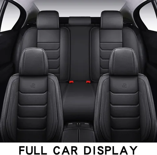 Miniatura 9 de Juego completo de fundas de asiento de automóvil de piel sintética de cobertura completa, fundas de asiento para automóviles, SUV, camionetas Negro
