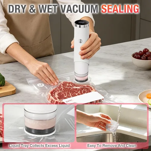 Miniatura 4 de Sellador al vacío compacto para alimentos, máquina selladora al vacío de mano con 10 bolsas reutilizables, sellador automático portátil de alimentos