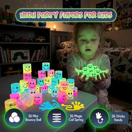 Miniatura 6 de 4E's Novelty 108 juguetes que brillan en la oscuridad, 36 bolas rebotantes, 36 resortes helicoidales, 36 manos adhesivas, recuerdos de fiesta a