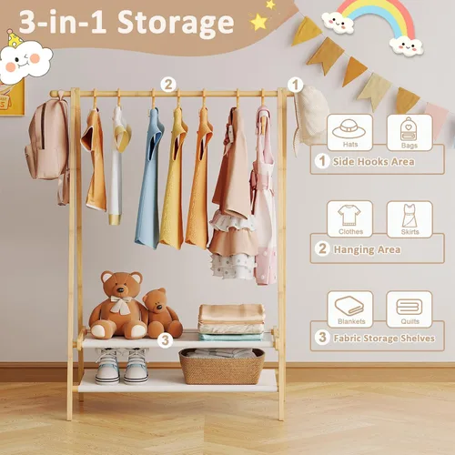 Miniatura 8 de Perchero de ropa para niños con 2 estantes de tela, soporte plegable para ropa infantil con barra para colgar, organizador de disfraces pequeño