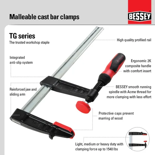 Miniatura 3 de BESSEY Abrazadera TG5.512+2K, carpintería, estilo F, mango 2K, almohadillas reemplazables, 5.5 In. x 12 In., 1320 lb