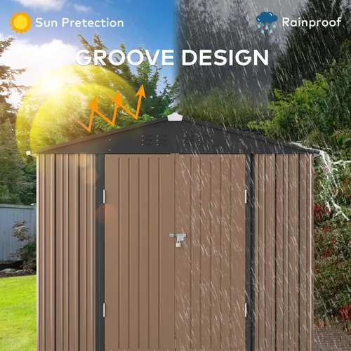 Miniatura 5 de Gizoon Cobertizo de almacenamiento para exteriores de 8 x 6 pies, cobertizo de jardín de metal galvanizado con puertas dobles con cerradura, Marrón