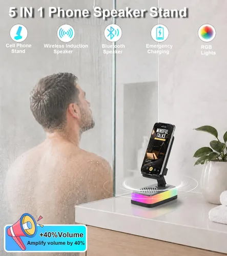 Miniatura 7 de Tatiyana Wireless Induction Speaker with Cell Phone Stand, Bluetooth Audio Speaker Amplifier, Foldable Desk Holder with RGB Light for iPhone Android