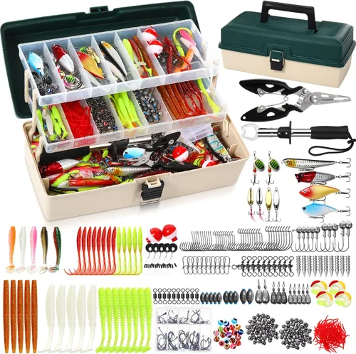 Miniatura 6 de RoundFunny Caja grande de 517 piezas de 3 capas con señuelos de pesca con aparejos que incluye alicates, pinza de labios de pez, crankbait, ganchos