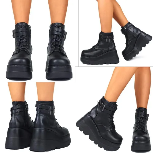 Miniatura 3 de CELNEPHO Botas de plataforma gruesa para mujer, puntera cuadrada, con cordones, tacón alto, tacón alto, botas de tobillo de cuña