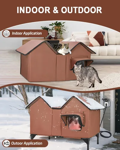 Miniatura 7 de Casa climatizada para gatos en invierno exterior, casa para gatos climatizada extra grande, resistente a la intemperie, cama elevada, puerta