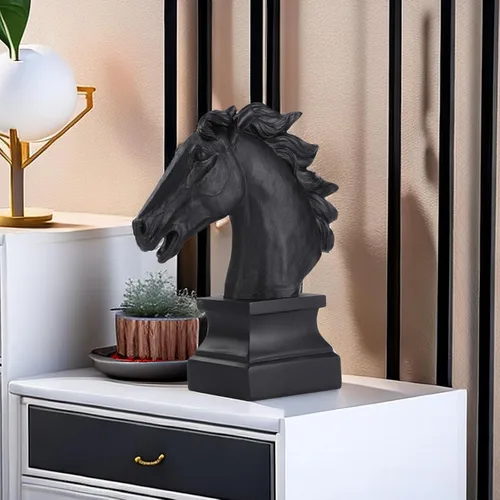 Miniatura 7 de Estatua de cabeza de caballo negra de 12 pulgadas de alto, escultura de caballos para decoración del hogar, resina grande, pintada a mano, animal