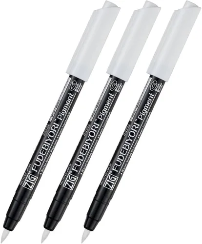Kuretake ZIG FUDEBIYORI PIGMENT - Juego de 3 bolígrafos blanco lechoso, para letras, ilustración, certificado AP, punta de pincel dura flexible,