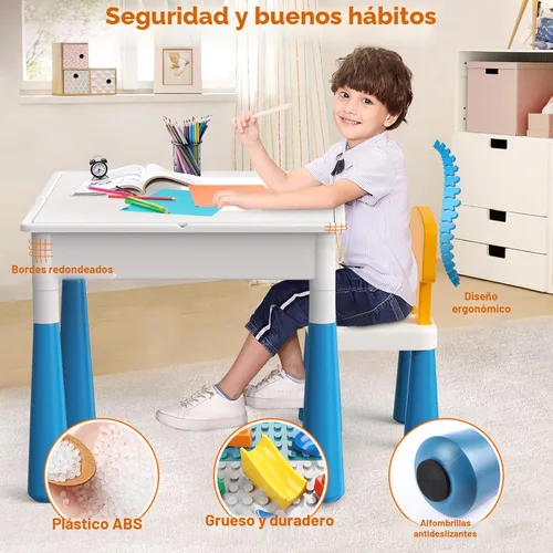 Miniatura 7 de Arscniek Mesa de actividades para niños pequeños 7 en 1, juego de mesas de actividades y sillas con 152 bloques de construcción grandes de mármol