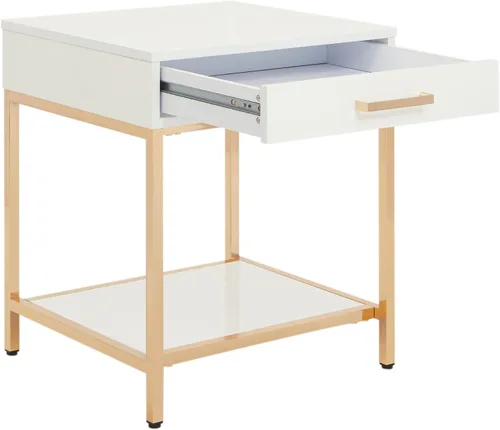 Miniatura 7 de OSP Home Furnishings Mesa auxiliar moderna Alios, acabado blanco brillante y marco dorado