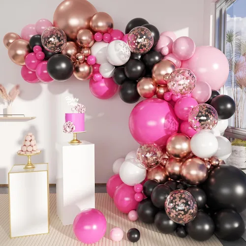 Miniatura 18 de MEBAY Kit de arco de globos negro, rojo y dorado, 141 unidades, globos negros mate, rosa intenso y dorados metálicos, confeti de oro
