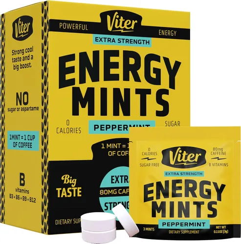 Miniatura 10 de Viter Energy Mentas con cafeína extra fuertes, 80 mg de cafeína, vitaminas B, sin azúcar. (menta, 8 onzas, bolsa a granel)