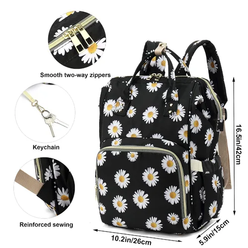 Miniatura 6 de Mochila de pañales con diseño floral para bebés, niñas y niños, bolsas de pañales para mamá con flores para mujeres (color negro margarita)