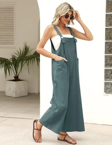 Miniatura 6 de APAFES Overol de verano de algodón y lino negro para mujer, holgado, sin mangas, ajustable, pierna ancha, monos de una pieza