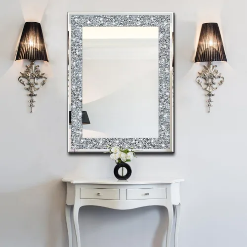 Miniatura 5 de QMDECOR Espejo rectangular plateado con diamantes para decoración de pared, 20 x 28 pulgadas, para colgar en la pared, sin marco, para decoración