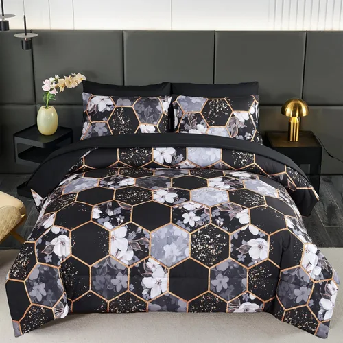 Miniatura 18 de ZRNBAST - Juego de edredón de nido de abeja negro de tamaño completo de 7 piezas, ropa de cama hexagonal suave y ligera, de mármol para todas