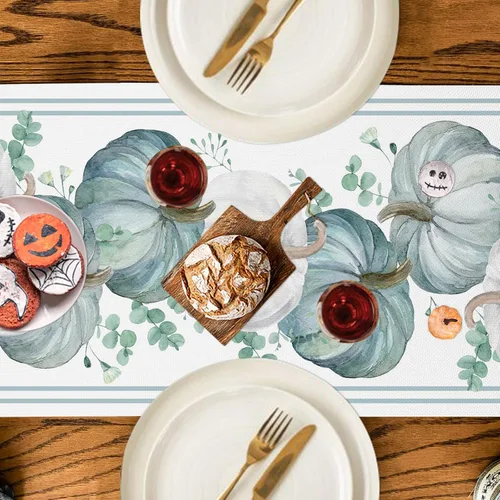 Miniatura 5 de GOOESING Camino de mesa de otoño, calabazas azules y blancas, hojas de eucalipto, caminos de mesa de otoño, Acción de Gracias, cocina, comedor