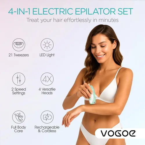 Miniatura 2 de VOGOE Depiladora para mujer, depiladora inalámbrica para mujeres, depiladora eléctrica 4 en 1, 2 velocidades y 21 pinzas para cara, piernas, brazos