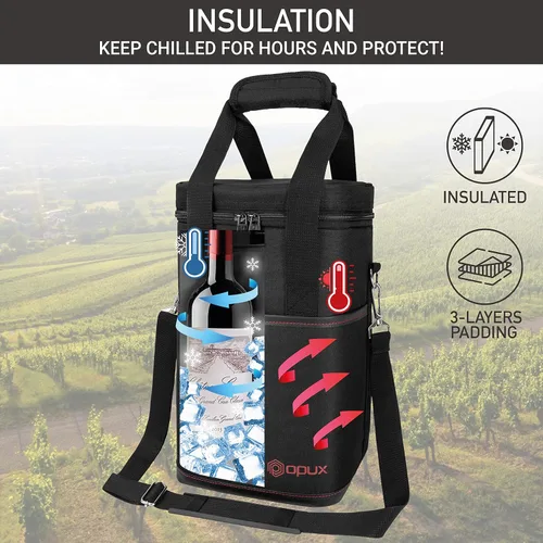 Miniatura 2 de Opux Bolsa térmica de vino con aislamiento para 4 botellas, a prueba de fugas, portátil, para viajes, picnic, regalo BYOB (negro)