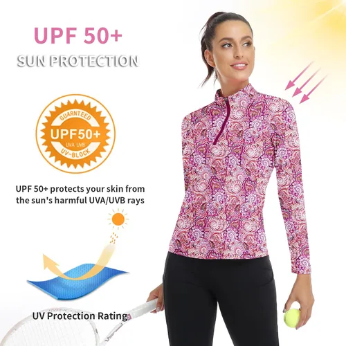 Miniatura 164 de WOWENY Camiseta deportiva de manga larga para mujer, con cremallera de un cuarto, cuello para entrenamiento, camiseta de tenis con estampado