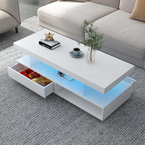 Miniatura 8 de LUMISOL Mesa auxiliar rectangular LED para sala de estar, superficie de alto brillo, mesa de cóctel de madera de 2 niveles con 16 luces LED