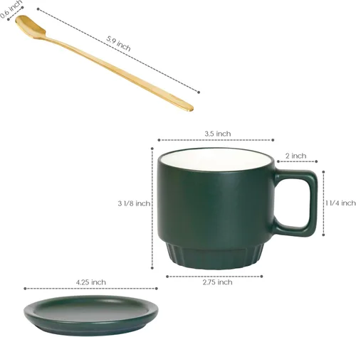 Miniatura 3 de Juego de Tazas de Café de 4 - 11.5 Oz Tazas de Café de Porcelana Apilables con Platillos, Cucharas y Soporte de Metal - Tazas de Té de Cerámica