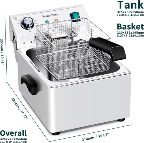 Miniatura 6 de South Base Freidora eléctrica comercial con canasta, temperatura ajustable para pollo frito, papas fritas, alas, 110 V, 1750 W (2.65 galones)