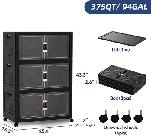 Miniatura 2 de SAILUN 321QT/80Gal Contenedores de almacenamiento apilables con tapa, contenedores de almacenamiento plegables con puertas, armario plegable