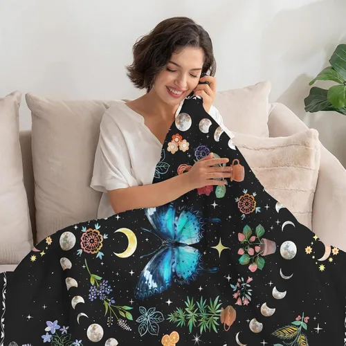 Miniatura 4 de Lifeel Manta de forro polar con diseño de mariposa y luna azul, diseño botánico floral, bohemio, acogedora decoración para siesta para sofá, cama