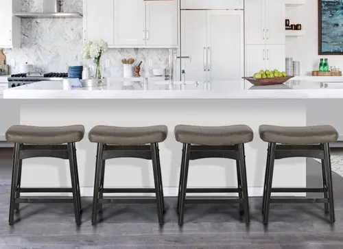 Miniatura 18 de ALPHA HOME Taburete de bar, taburete de cocina de silla de montar de madera maciza con cojín de tela de lino beige, taburete de bar de altura