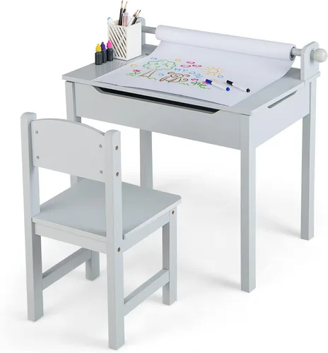 HONEY JOY Juego de mesa y silla para niños, escritorio de madera con tapa elevable y silla con almacenamiento, porta rollos de papel y ranura para