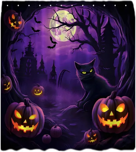 Miniatura 7 de Cortina de ducha de Halloween, espeluznante gato negro, calabazas aterradoras, luna llena, casa encantada, murciélagos, árbol muerto, cortina
