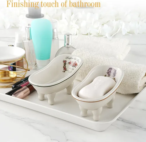 Miniatura 6 de Jabonera de baño de cerámica retro para ducha, 2 piezas, mini bañera de porcelana de 5.6 pulgadas, soporte de jabón autodrenante para decoración