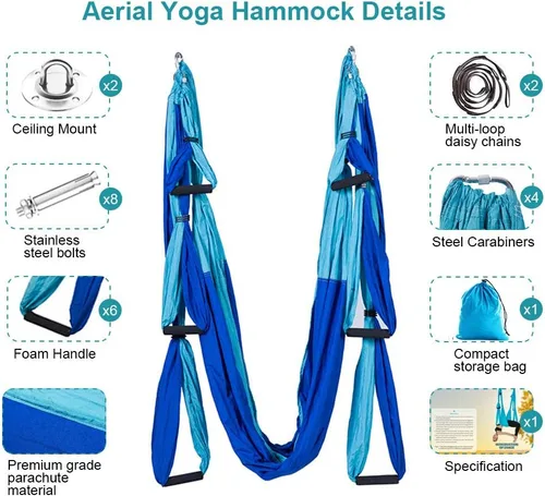 Miniatura 3 de Kit de hamaca de yoga para trapecio aéreo, ultra fuerte, antigravedad para yoga, volador, juego de herramientas de columpio de inversión Mixto azul