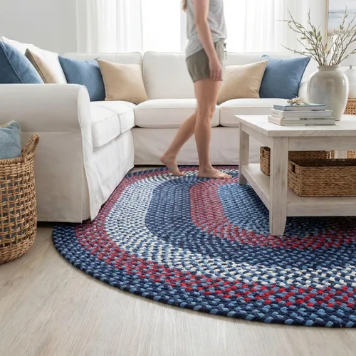 Super Area Rugs Alfombra trenzada azul de 7 x 9 pulgadas, alfombra tejida ovalada para sala de estar, alfombra trenzada de granja, alfombra de
