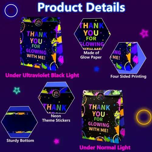 Miniatura 2 de XJLANTTE Bolsas de regalo de fiesta de neón brillante, 20 bolsas de regalo de neón con calcomanías, bolsa de papel de color fluorescente