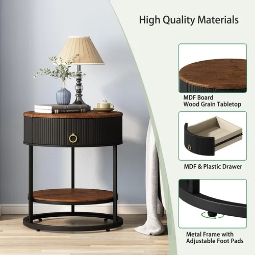 Miniatura 4 de OIOG - Mesa auxiliar redonda con cajón, mesa auxiliar moderna de madera con estante, mesa de noche de 2 niveles con cajón para sala de estar, Negro