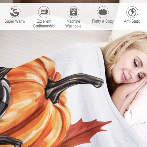 Miniatura 4 de Manta de lana cuadriculada con diseño de calabaza, hojas de arce, Acción de Gracias, manta de cama para otoño, Acción de Gracias, ligera, súper
