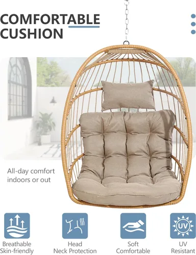 Miniatura 6 de SWITTE Silla de Huevo para Exteriores con Soporte, Silla Columpio Colgante de Mimbre para Interiores con Cojín, Capacidad de 350 libras para Patio