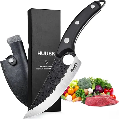 Miniatura 10 de Huusk Cuchillos vikingo para cortar carne, pequeño cuchillo Ulu, forjado a mano, cuchillos Ultimo cavernícolas de espiga completa para cocina
