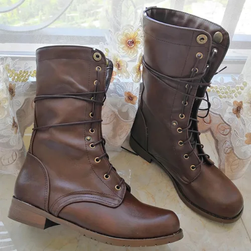 Miniatura 5 de Botas de combate romanas de cuero para mujer, con cordones, de media pantorrilla, para invierno, al aire libre, casual, para caminar, a la moda