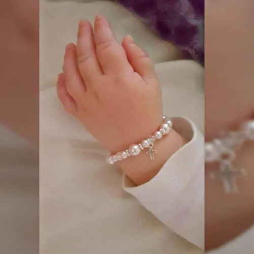 Miniatura 2 de Communion Jewelry, Austrian Pink Pearls and Crystals and Sterling Silver Cross Charm, Baptism, Christening Keepsake, Infant, Baby, Toddler, Child