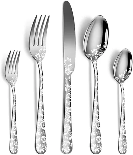 Miniatura 10 de Juego de cubiertos para 12 cubiertos, 60 piezas, diseño único de patrón de flores, utensilios de cocina de acero inoxidable, juego de cubiertos Oro