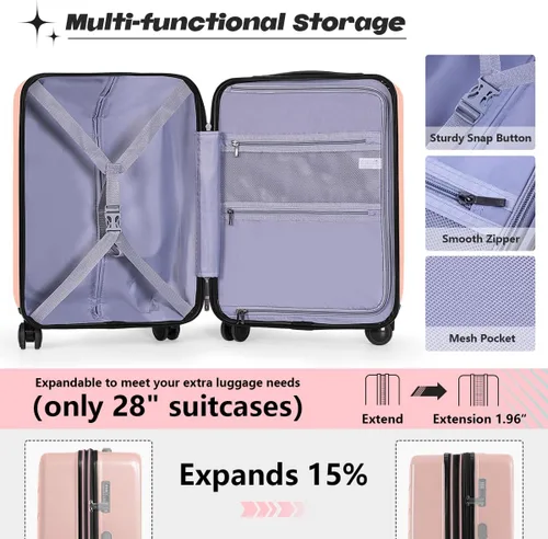 Miniatura 5 de AnyZip Maletas de equipaje con ruedas giratorias PC+ABS Hardshell TSA Lock, Rosado