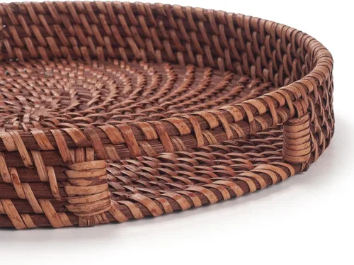 Miniatura 2 de Bandeja de ratán de 11 pulgadas, bandeja redonda de mimbre con asas recortadas, bandeja tejida para comedor / mesa de café